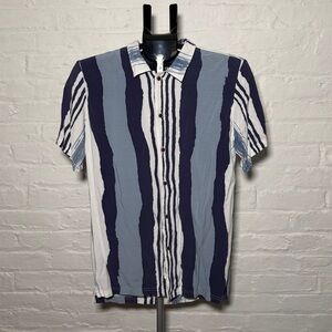 NATIVE YOUTH Navy and Light Blue Striped Camp Shirt Sleeve Shirt